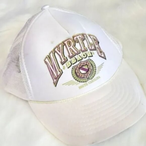 Vintage 90s Myrtle Beach South Carolina Trucker Mesh Snapback Hat White - Picture 1 of 8